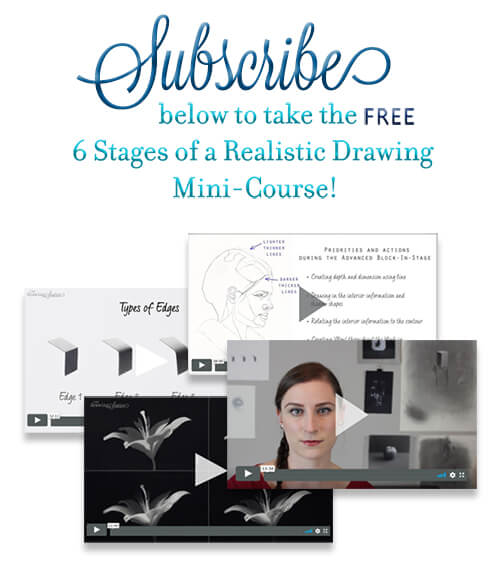 Video screenshots from realistic drawing lessons with text: subscribe below to take the free 6 stages of a realistic drawing mini course