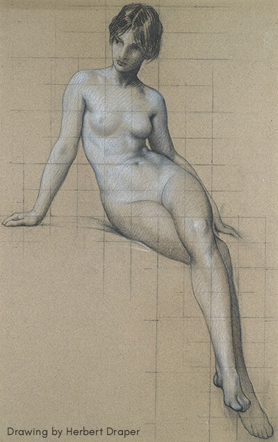Seated female figure drawing on toned paper by Herbert Draper