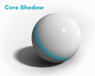 Core shadow on a sphere — the dark band where light transitions into shadow, the darkest part of the form shadow.