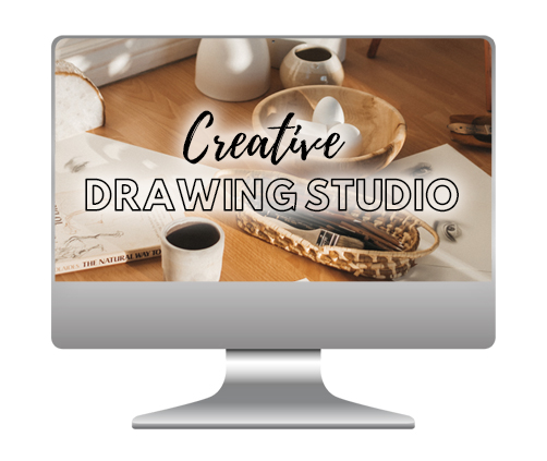 A computer screen showing an image of a drawing program. The image shows drawing supplies and drawing books in a cozy drawing studio space. Text overlays reads Creative Drawing Studio