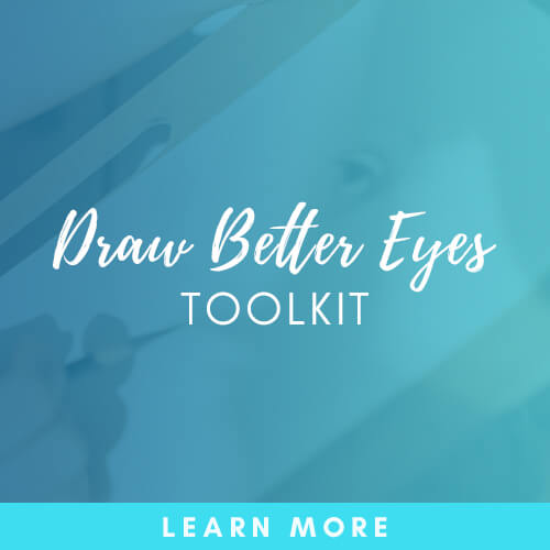 The free Draw Better Eyes Toolkit from The Drawing Source, with a "Learn More" button, over an image of a realistic eye drawing in pencil.