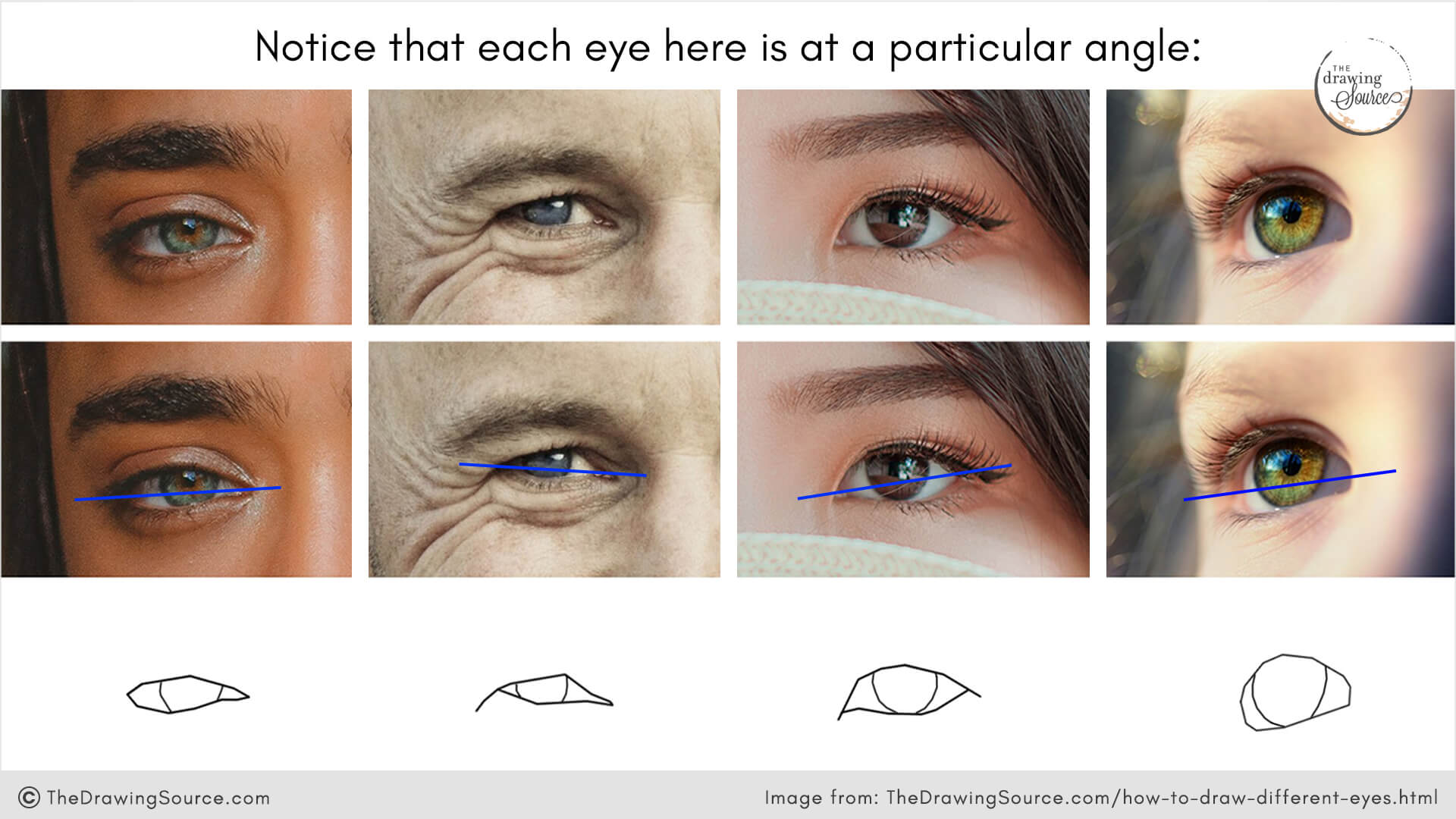 Photos of four eye reference photos for drawing, with lines indicating the tilt of each unique eye. Text overlays says: Notice that each eye here is at a particular angle.