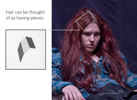 Image of a woman with flowing hair and a diagram showing that hair can be thought of as having planes in order to draw them convincingly