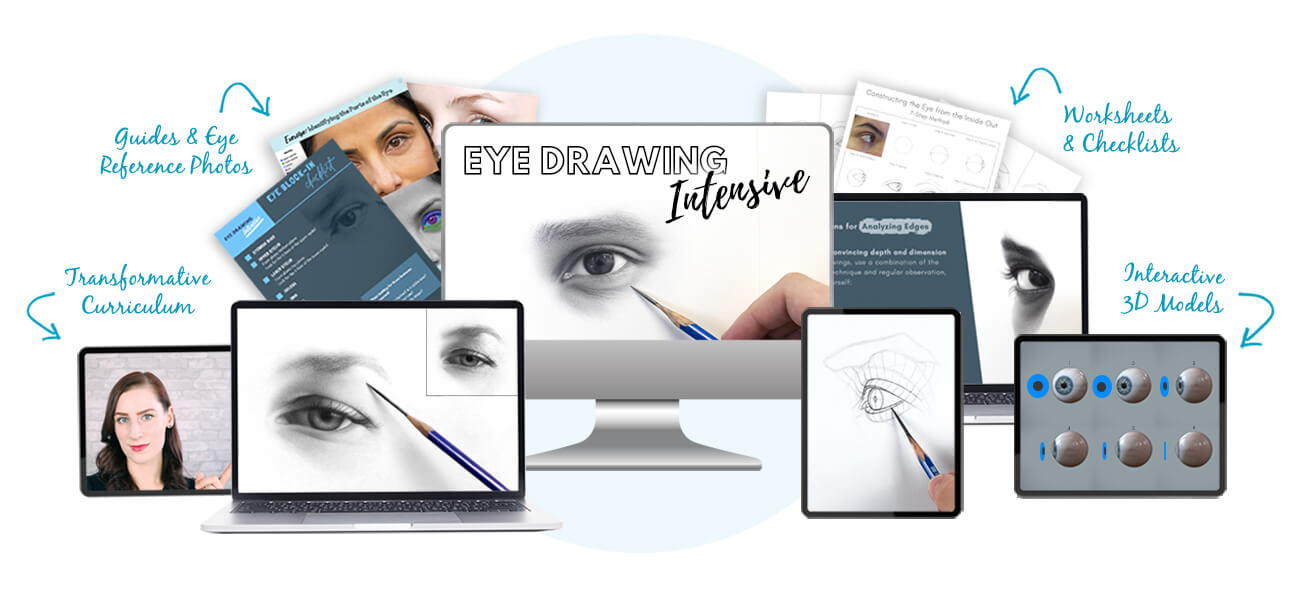 The Eye Drawing Intensive course, an online program for learning how to draw realistic eyes, showing its step-by-step curriculum, video lessons, worksheets, eye reference photos, and interactive 3D eye models.