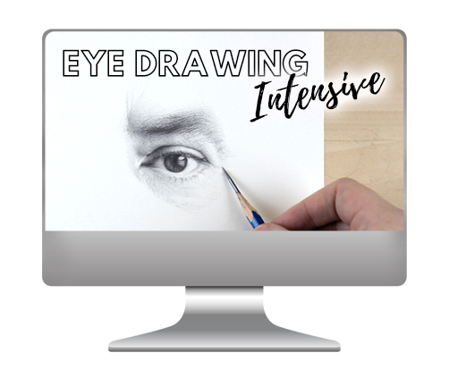 A computer screen showing a hand adding finishing touches to a beautiful realistic eye drawing. Text overlays reads Eye Drawing Intensive