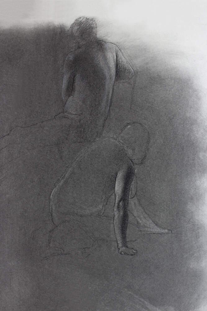 Realistic figure drawing sketches on toned paper drawn using charcoal pencils and white charcoal pencils