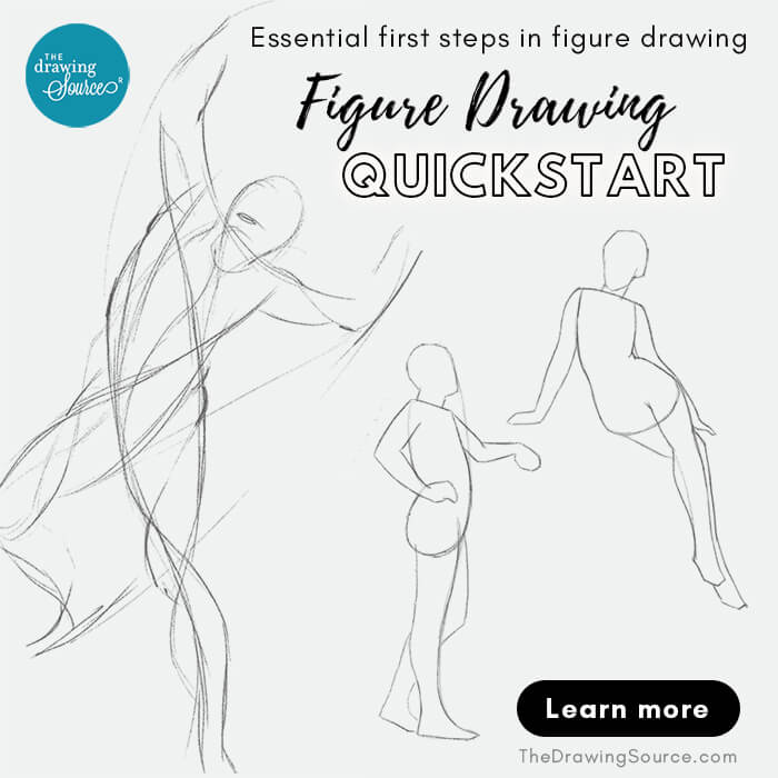 Three figure drawings drawn using line. One dynamic pose with sweeping gestural lines. Two figure drawing block-ins at an early stage with correct proportions. Text overlay says: Figure Drawing QuickStart - Essential first steps in figure drawing at The Drawing Source