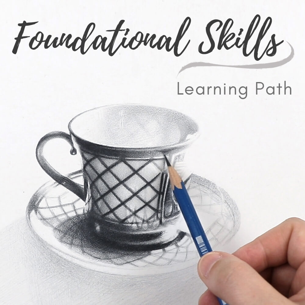 A hand drawing a realistic teacup and saucer in graphite pencil, with text reading "Foundational Skills Learning Path" — from The Drawing Source.