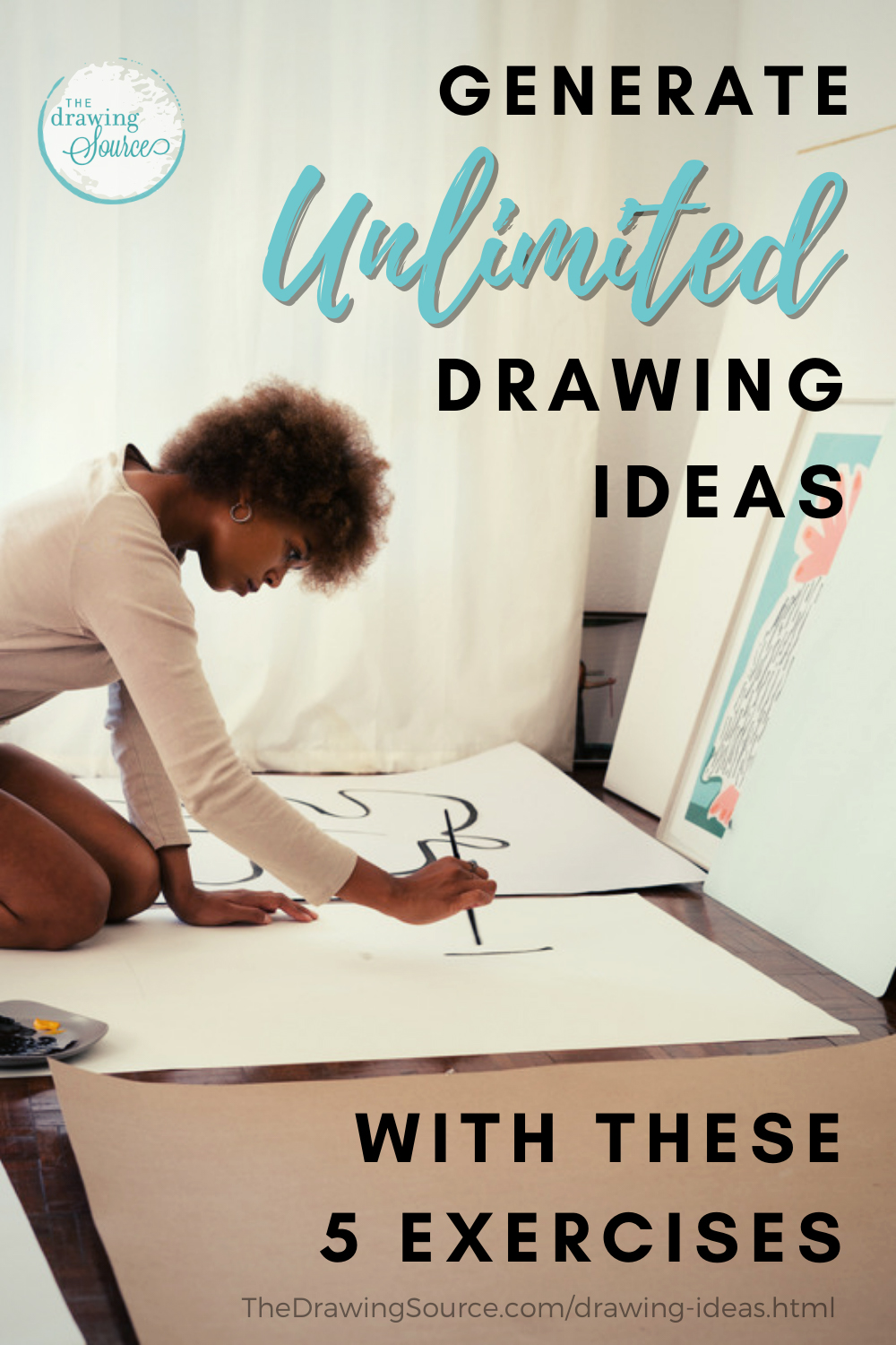 A woman drawing with text: generate unlimited drawing ideas with these 5 exercises