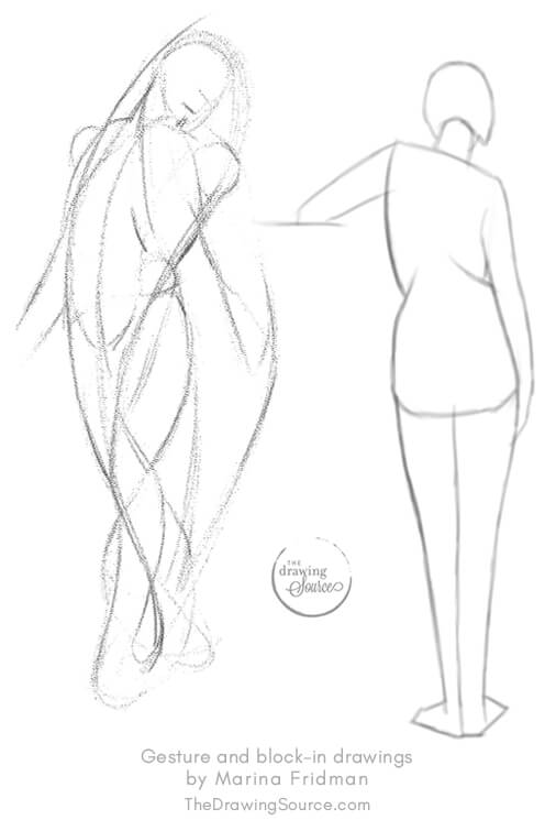 A dynamic flowing gesture drawing next to a block-in for a figure drawing. A dynamic flowing gesture drawing next to a block-in for a figure drawing.