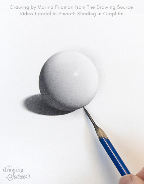 A realistic sphere drawn in graphite, showing smooth shading and all the elements of light and shadow, with the artist's hand and pencil in frame.