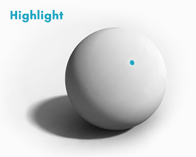 Highlight on a sphere — the small, brightest point where the light source reflects off the form.