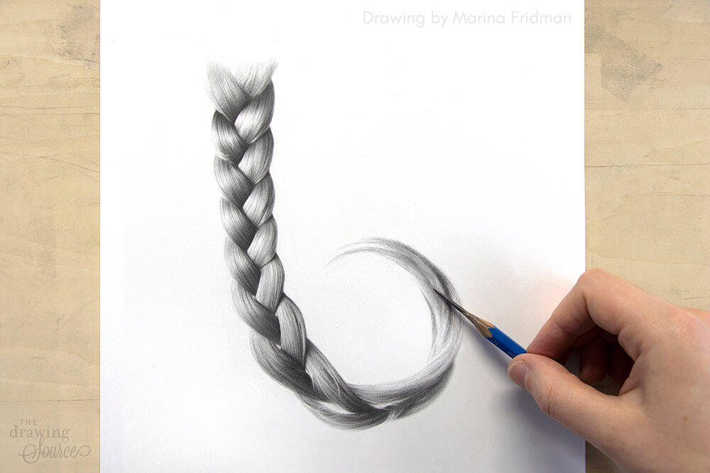 A finished realistic braid drawing by Marina Fridman: learn how to draw this braid in a step by step drawing tutorial from The Drawing Source