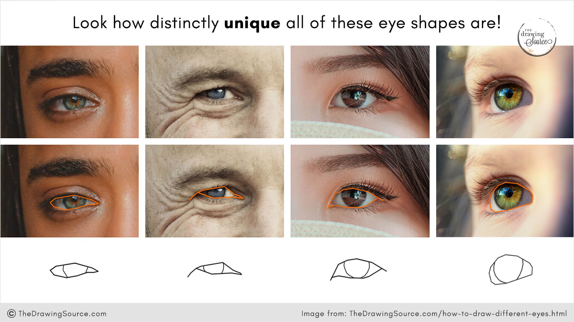 Photos of four different people’s eyes showing the unique shape and angle of each eye opening — essential details to observe for realistic eye drawing. Text overlay reads: “Look how distinctly unique all of these eye shapes are!”