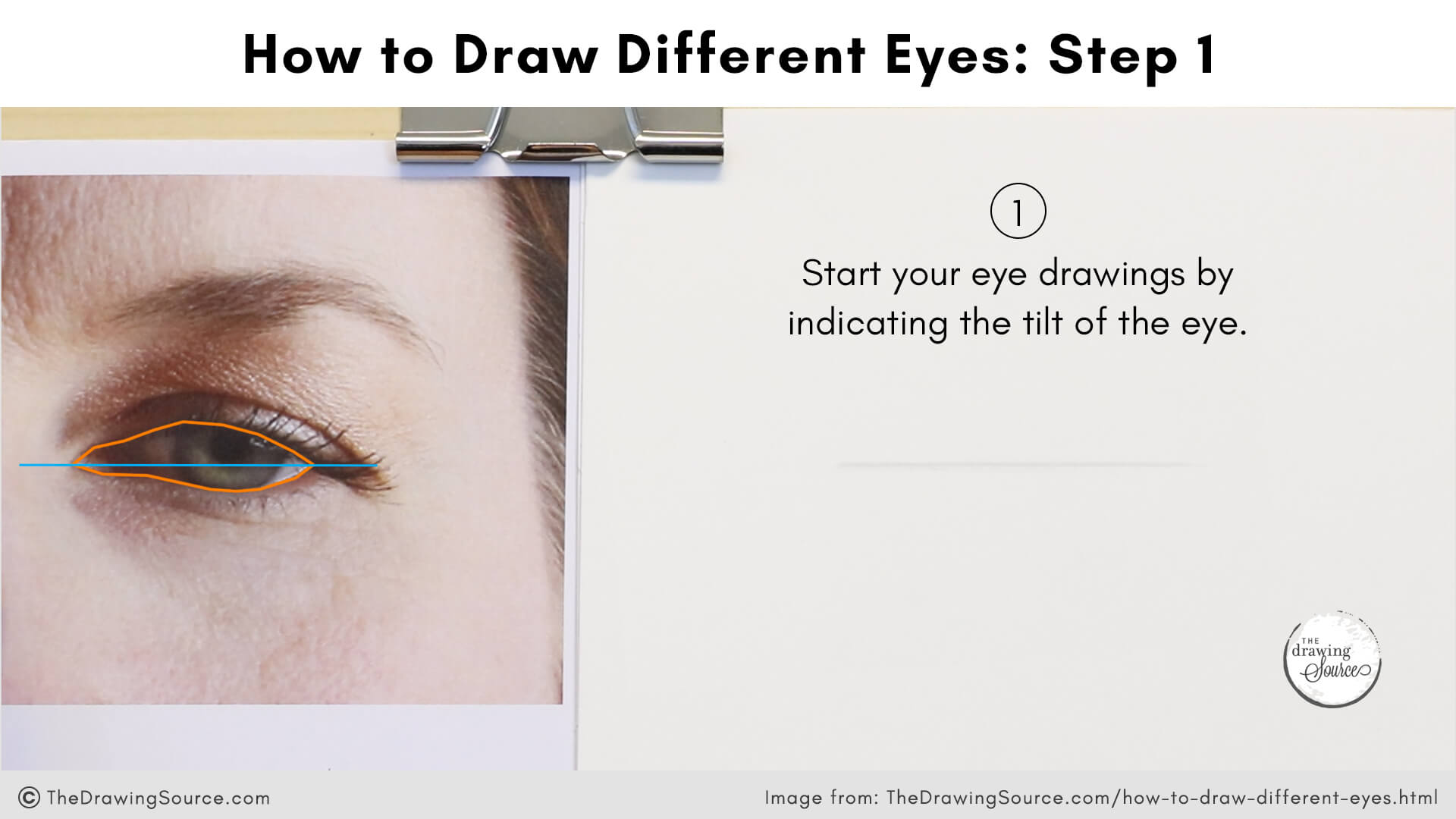 An image of an eye reference photo and a drawing of the first step of drawing an eye. Text overlay says: How to draw different eyes - step 1. Start your eye drawings by indicating the tilt of the eye.