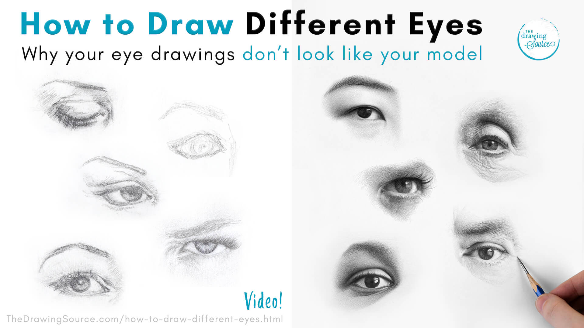Ten eye drawings: five generic-looking eye drawings and five realistic eye drawings that each resemble different individuals. Text overlay reads: “How to Draw Different Eyes – Why your eye drawings don’t look like your model.”