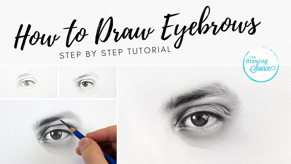 Steps of a realistic eyebrow drawing and the finished eyebrow drawing with text - how to draw eyebrows step by step tutorial
