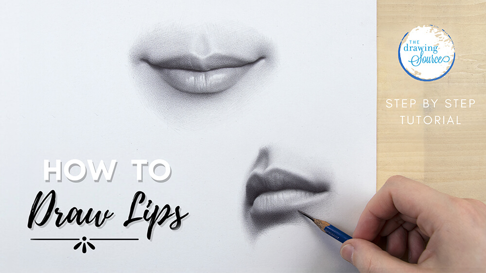 A hand drawing realistic lips with text: learn how to draw lips step by step tutorial