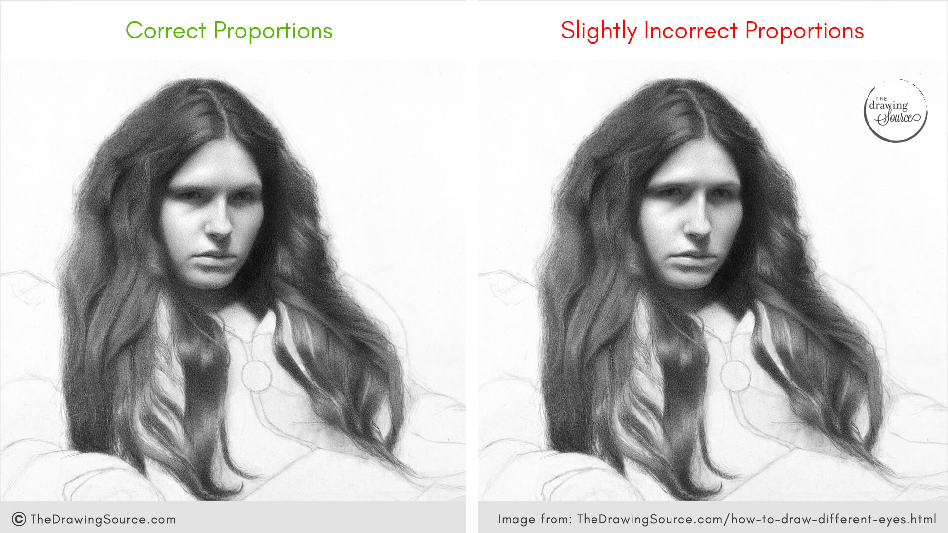 Two portrait drawing side by side - one with correct proportions and one with slightly incorrect proportions.