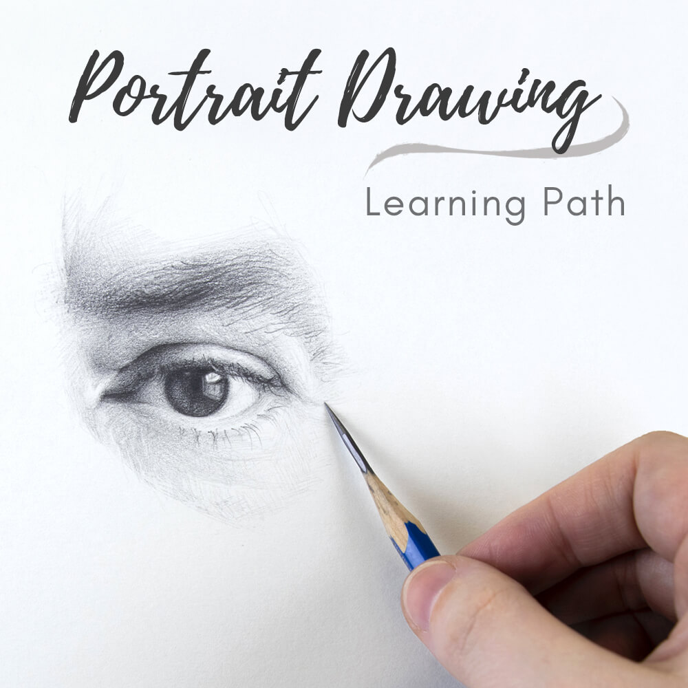 A hand drawing a realistic eye and eyebrow in graphite pencil, with text reading "Portrait Drawing Learning Path" — from The Drawing Source.