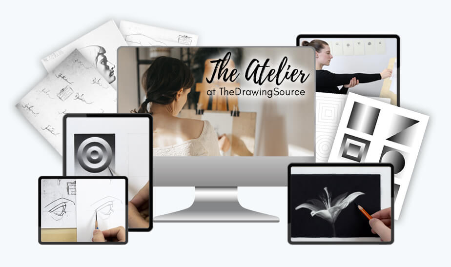 The Atelier at The Drawing Source, shown across a desktop and tablets, displaying lessons on realistic drawing, still life drawing, portrait and figure drawing.