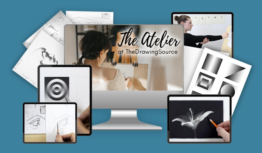 The Atelier Membership at The Drawing Source - an online realistic drawing curriculum shown across a desktop computer and tablets, displaying lessons on realistic drawing, still life drawing, portrait and figure drawing