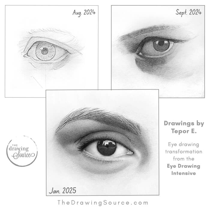 Student's realistic eye drawing progress, before and after taking the Eye Drawing Intensive at The Drawing Source. Student's realistic eye drawing progress, before and after taking the Eye Drawing Intensive at The Drawing Source.