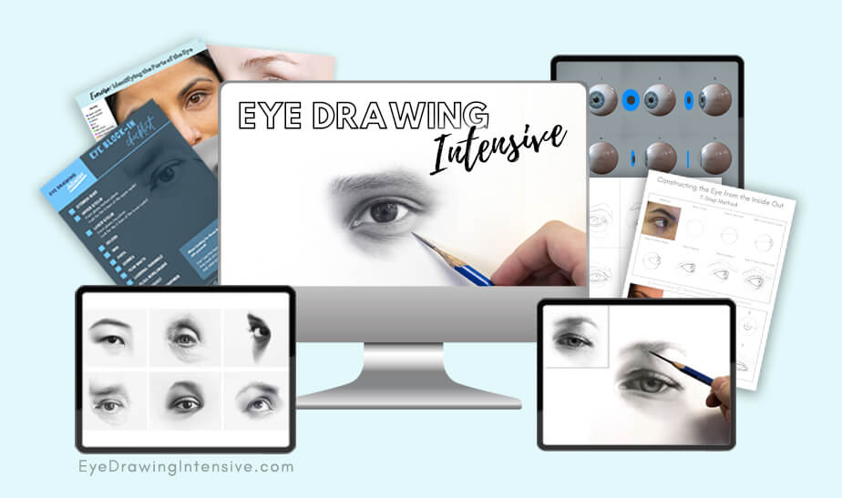 Mockup image of the Eye Drawing Intensive online course, featuring video lessons on drawing realistic eyes, eye anatomy tutorials, step-by-step eye drawing worksheets, block-in checklists, eye reference photos, and guided exercises for learning the structure of the eye.