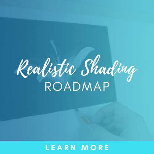 The free Realistic Shading Roadmap guide from The Drawing Source, with a "Learn More" button, over an image of a hand shading a realistic drawing in pencil.