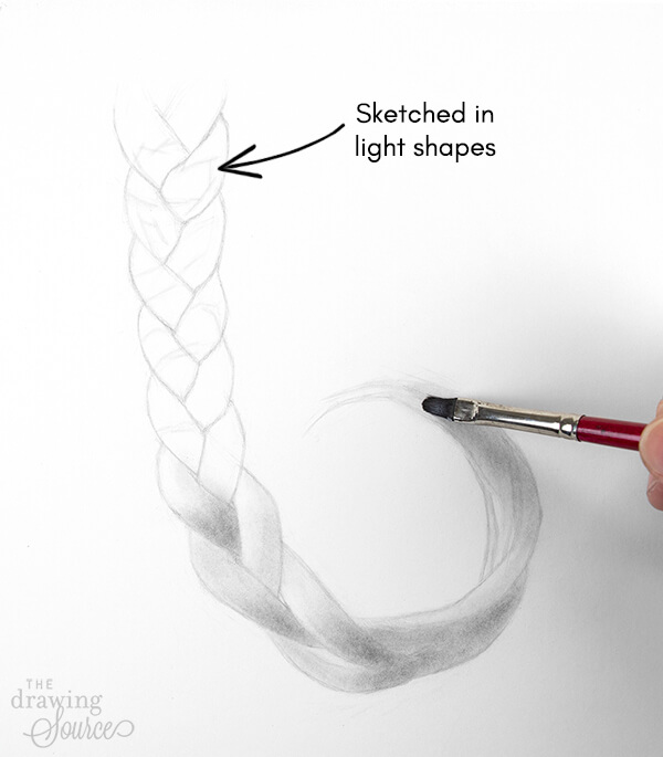 Sketching in the light shapes of the braid and starting to add values to the drawing