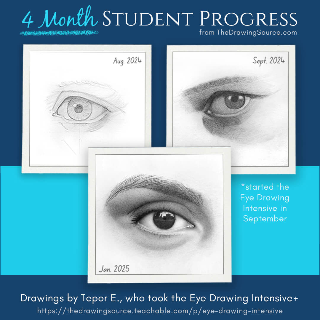 Student eye drawing transformation from the Eye Drawing Intensive at The Drawing Source