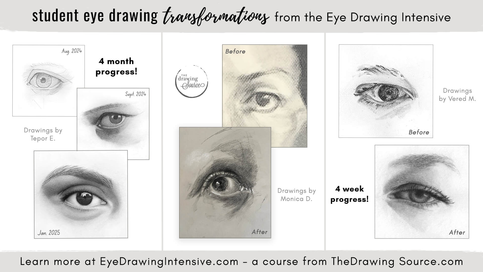 Student eye drawing transformations from the Eye Drawing Intensive at The Drawing Source!
