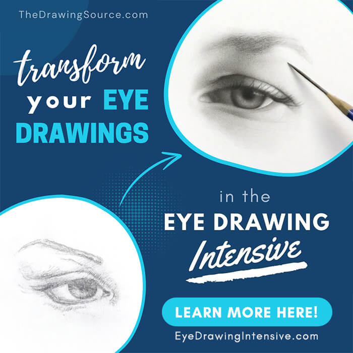 Two side-by-side eye drawings compare a flat, unrealistic drawing with a finished, lifelike eye drawing in progress. Text overlay reads: Transform your eye drawings in the Eye Drawing Intensive.