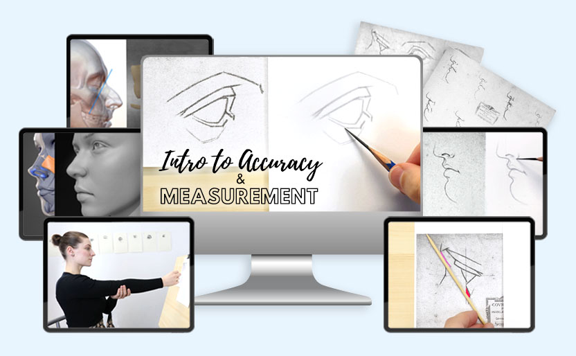 The Intro to Accuracy & Measurement course from The Drawing Source, shown across devices — featuring drawings of simplified portraits, lessons on measuring proportions, comparative measurement, accurate block-in drawing, and portrait anatomy.