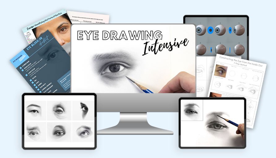 The Eye Drawing Intensive, an online realistic eye drawing course from The Drawing Source, shown across devices — featuring eye anatomy guides, step by step eye drawing worksheets, eye construction lessons, and realistic shaded eye drawings.