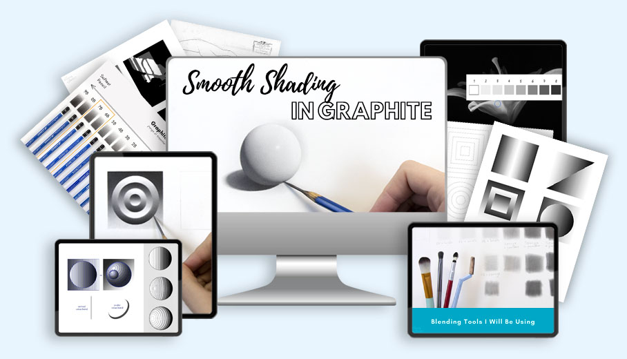 The Smooth Shading in Graphite course from The Drawing Source, shown across devices — featuring value scales, shading exercises, blending tools, and realistic sphere shading.